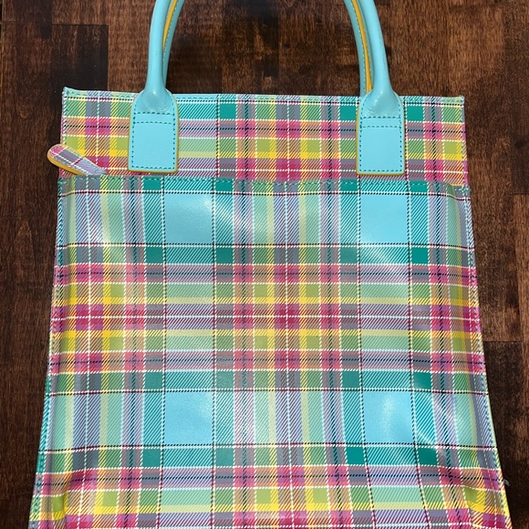 NWOT Gorgeous Baekaard Real Leather Teal/Pink/Yellow Plaid Square Purse - Picture 5 of 8